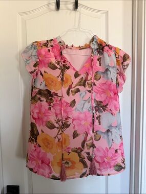 Floral Pink Tie-Front Short Sleeve Blouse